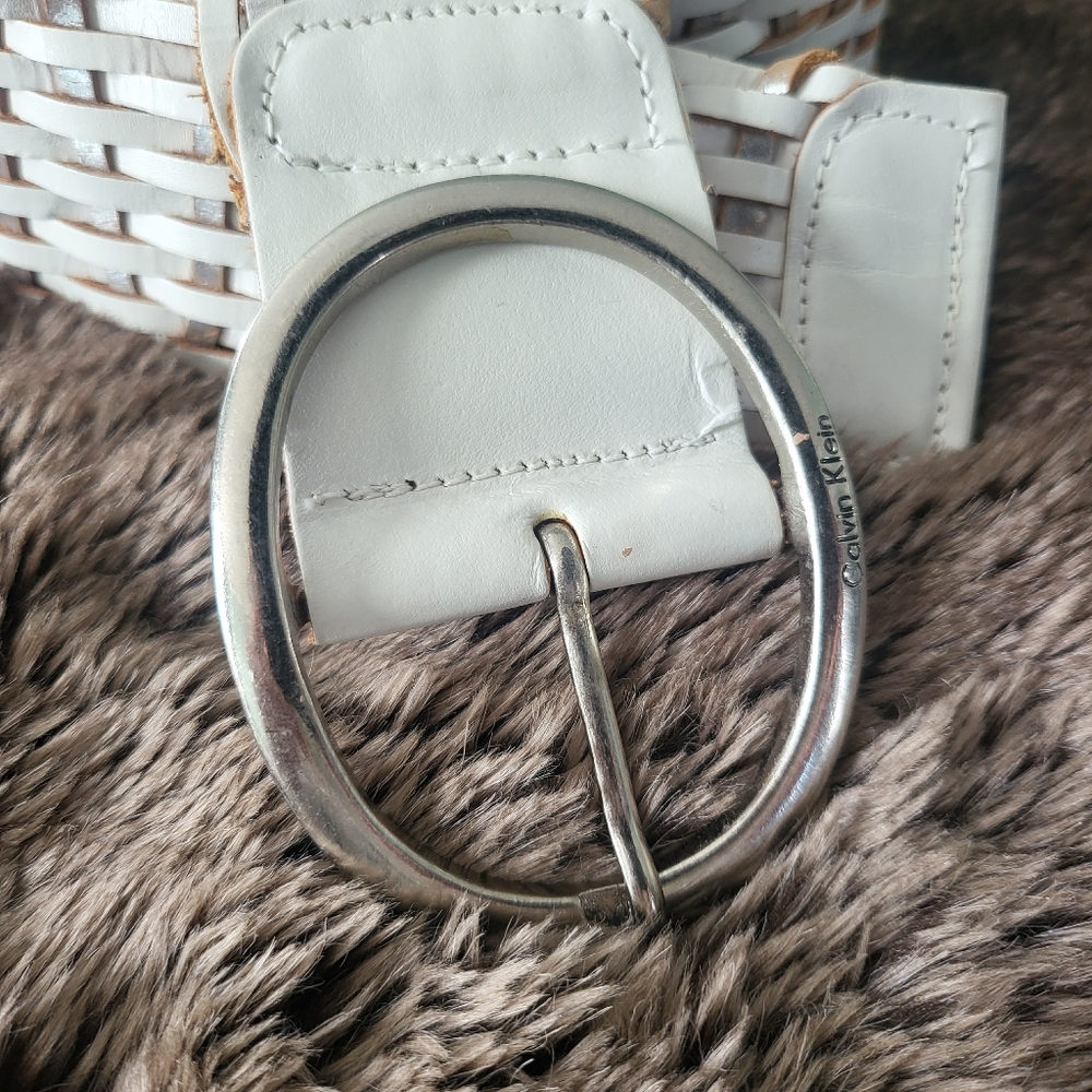 Calvin Klein Leather White and Brown Woven Belt Made in India Size XL - Picture 2 of 4